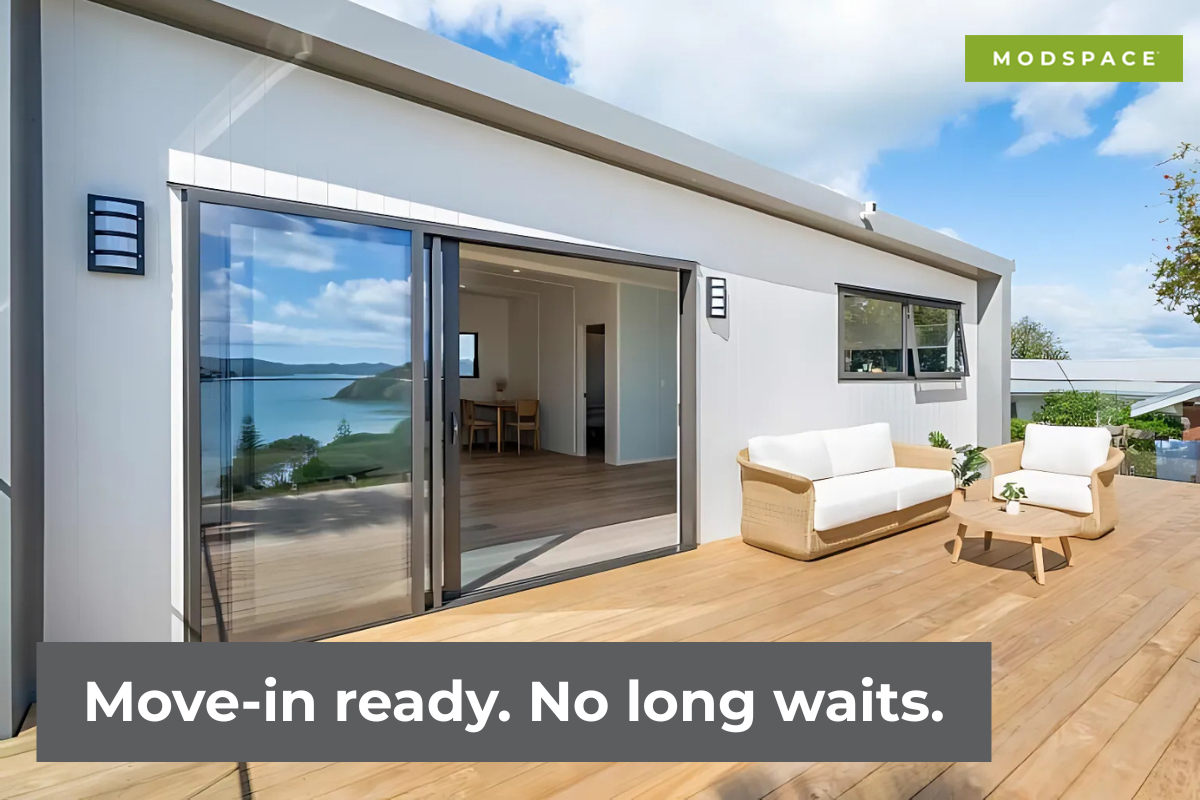 Move-in ready transportable home, emphasizing quick availability and no long waiting periods for new residents.