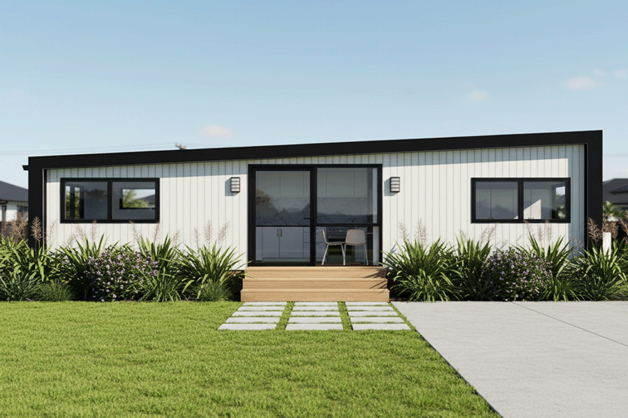 Family of four relaxing in the modern open-plan living room of a Modspace modular home, featuring large sliding doors and white panel interiors.