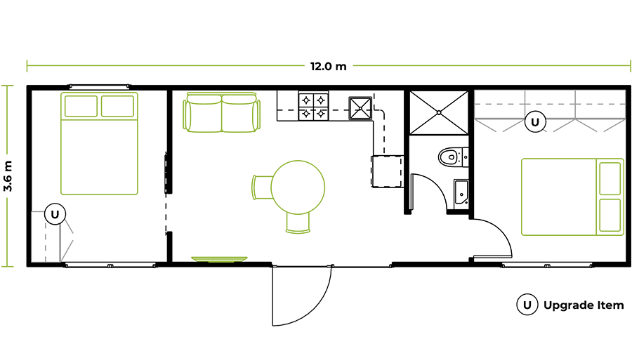 Family of four relaxing in the modern open-plan living room of a Modspace modular home, featuring large sliding doors and white panel interiors.