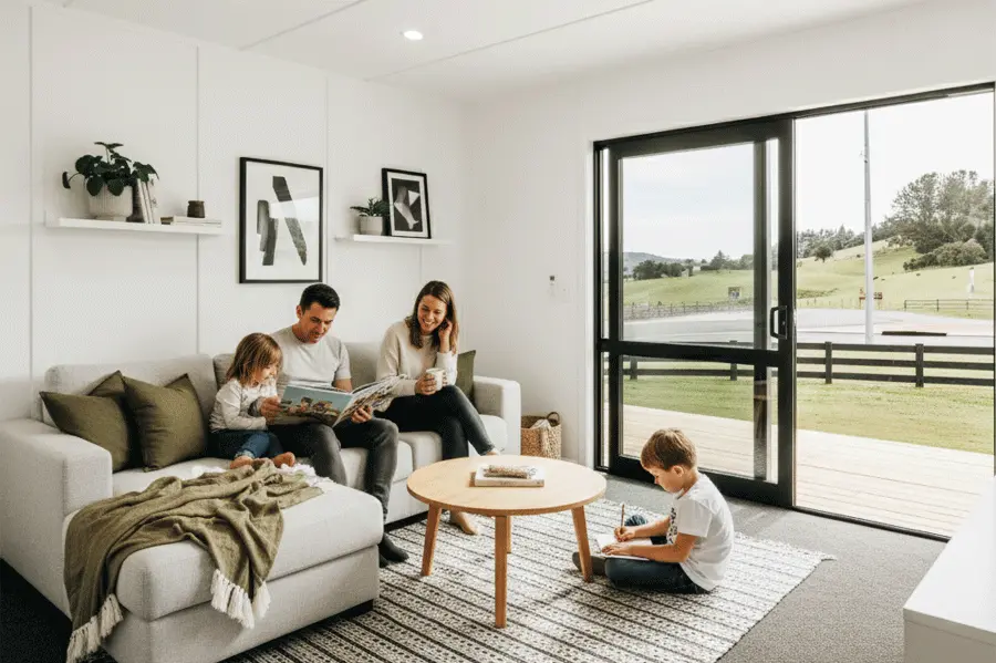 Family of four relaxing in the modern open-plan living room of a Modspace modular home, featuring large sliding doors and white panel interiors.