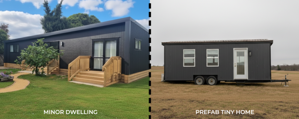 side by side image minor dwelling and prefab tiny home on wheels